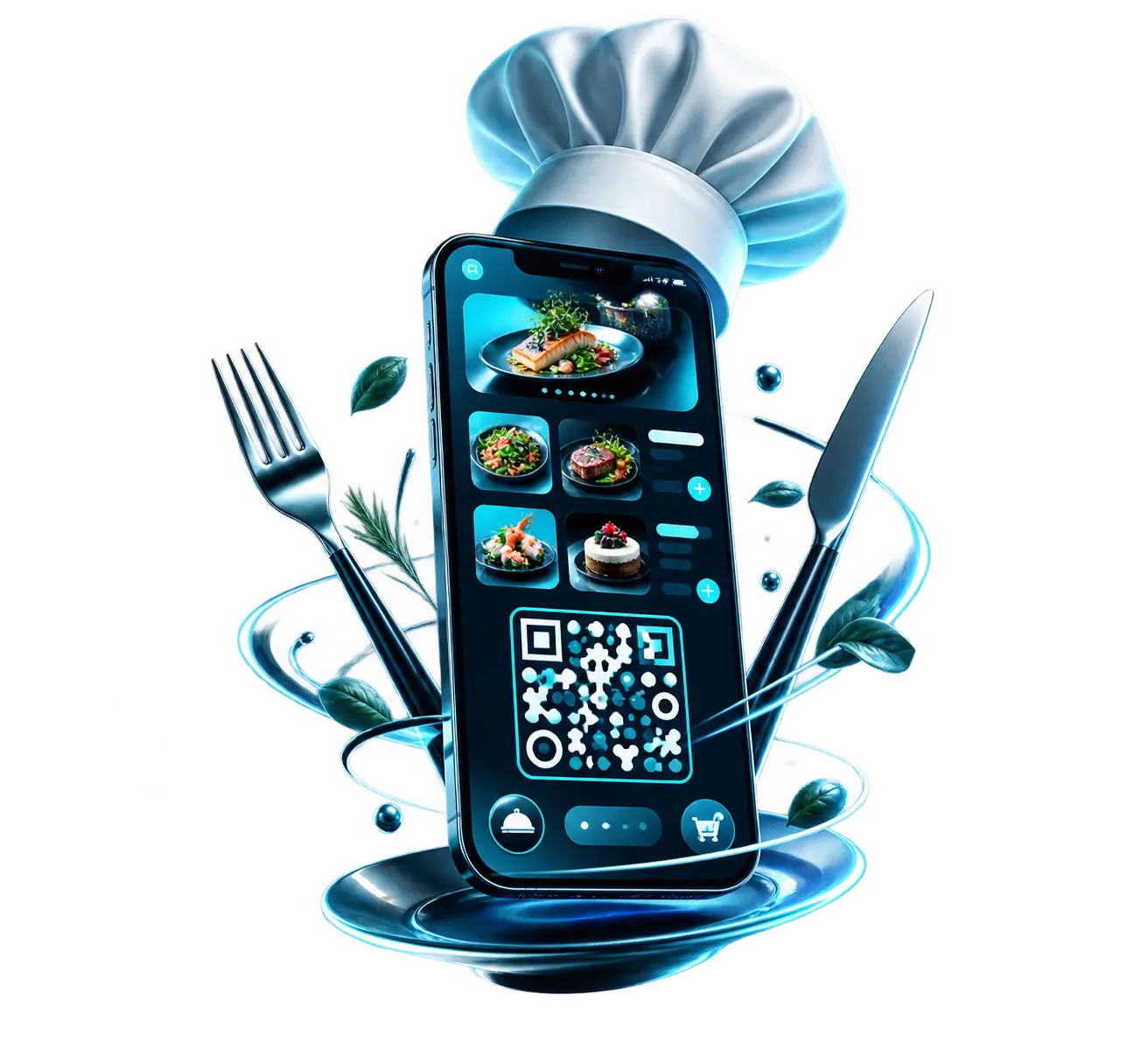 Smartphone con menù digitale, QR code, cappello da chef e posate
